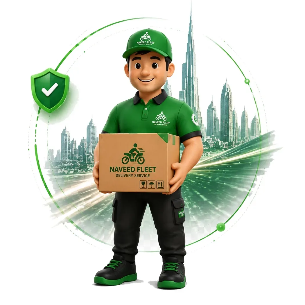 Naveed Fleet courier in branded uniform holding a delivery box, Dubai skyline behind